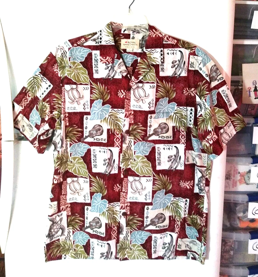 CAMISA HAWAIANA VINTAGE HOMBRE ROYAL CREATIONS KAYAK UKELELE HOJA TORTUGA TALLA L Foto 1 de 3