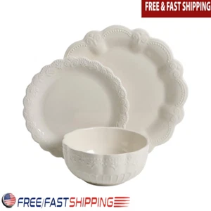 24-Piece Stoneware Dinnerware Set Scalloped Rims Dishwasher Microwave Safe New - Picture 1 of 6
