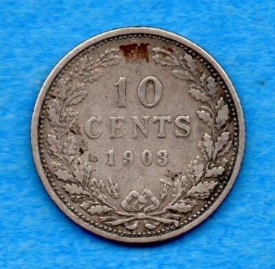 Netherlands 1903 10 Ten Cents Silver Coin KM #135 - Very Fine - Image 1 of 2