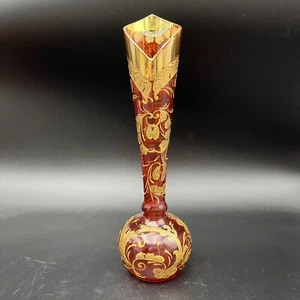 Jarrón de vidrio artístico arándano bohemio de 10"" esmalte dorado plateado elevado Moser - Imagen 1 de 11
