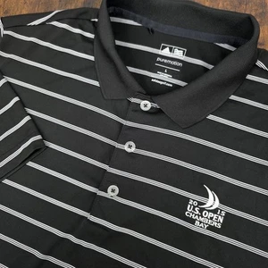 Adidas PureMotion Men's Polo Shirt Black White Striped PGA 2015 US OPEN Sz L - Picture 1 of 9
