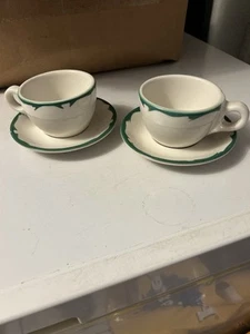 Vintage Buffalo China Green Rim Cups & Saucers Set of 2 USA Restaurant Ware - Picture 1 of 10