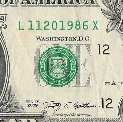 NOV 20 1986 Birthday Fancy Serial Number Date Note One Dollar Bill 11 20 1986 - Image 1 of 4