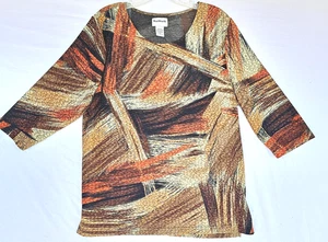 Camicia BonWorth donna media petite marrone arancione stampa astratta top elasticizzato - Foto 1 di 6