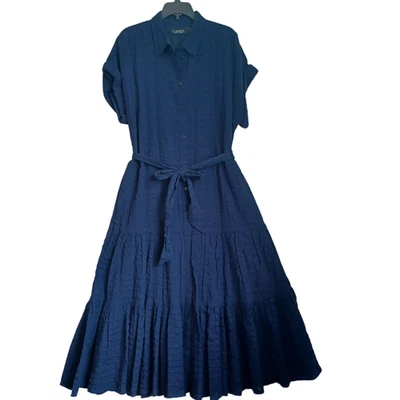 Ralph Lauren Dress Black Label Womens 8 Navy Blue Cotton Tiered Seersucker - Image 1 of 4