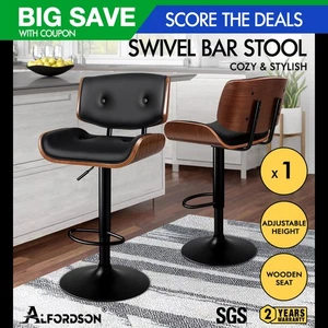 ALFORDSON 1x Bar Stool Kitchen Swivel Chair Wooden Leather Gas Lift Odette - Picture 1 of 12