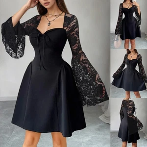 Damen Spitze Langarm Minikleid Abendkleid Gothic Punk A-Linie-Kleid Partykleid - Bild 1 von 16