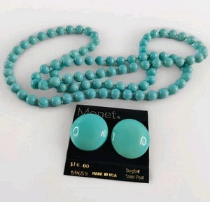 Vtg Monet Post Earrings Necklace Lot Turquoise Color Oval Stud Surgical Steel - Picture 1 of 8