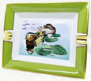 Hermes Paris Ashtray Bird Pattern Duck Waterfowl Green Plate Tray Porcelain - Picture 1 of 13