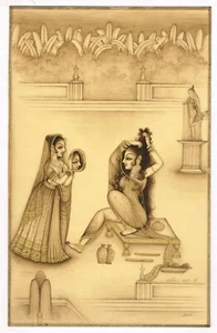 Pintura de la diosa Radha mirando en el espejo - Arte religioso 8x13 pulgadas - Imagen 1 de 6