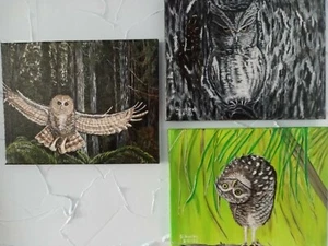 Unique Original Acrylic 11x14 Crazy for Owls, set of three - Picture 1 of 9