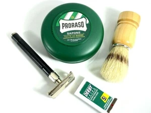 Proraso Green Shaving Soap Bowl 75ml Eucalyptus/Brush Safety Razor Derby 5Blades - Picture 1 of 12