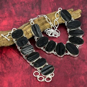 Black Tourmaline Rough Gemstone 925 Solid Silver Necklace & Bracelet Jewelry Set - Picture 1 of 7
