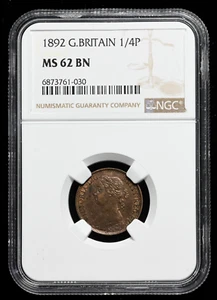 GREAT BRITAIN. Queen Victoria, Copper Farthing, 1892, NGC MS62 BN - Picture 1 of 4