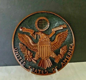VTG Wood Hand Carved GREAT SEAL OF THE UNITE STATES 14” dia. Wall Plate Plaque - Picture 1 of 4
