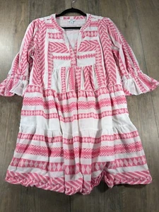 Crown Ivy Dress Womens Large Pink White Print 3/4 Flounce Sleeve BOHO Peasant - Picture 1 of 11