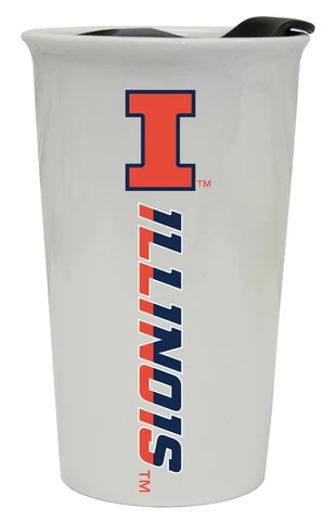 ILLINOIS FIGHTING ILLINI 12OZ CERAMIC TUMBLER-ILLINOIS TRAVEL MUG w/ LID Cover
