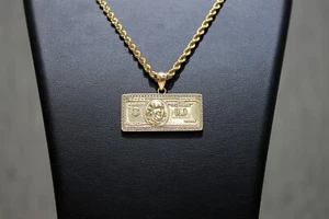 Solid 10K Gold $100 Hundred Dollar Bill Cash Money CZ Gemstone Charm Pendant - Picture 1 of 11