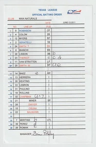 6-12-11 NWA Naturals Game Used Lineup Card - Will Smith - Kansas City Royals - Picture 1 of 1