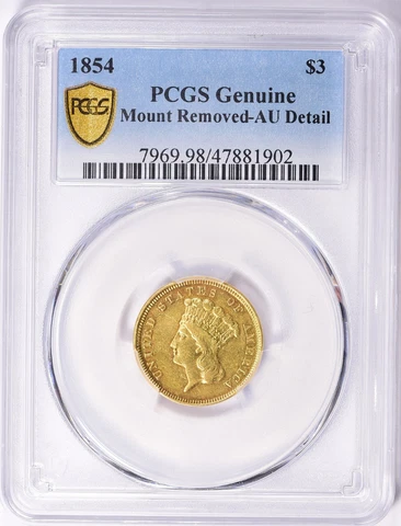 1854 $3 Gold Piece PCGS AU Details Cover