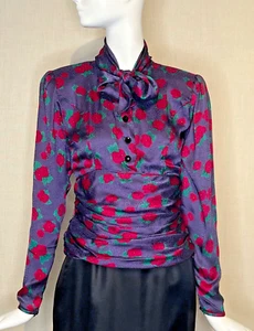 1980s Emanuel UNGARO TER Floral Silk Jacquard Ruched Blouse Size 8, Pussy Bow - Picture 1 of 17