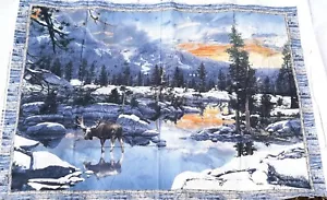 'Last Light' Lyman Blue White Birch Trees Moose Cotton Quilting Panel Fabric - Picture 1 of 6
