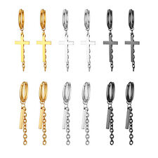Men Women's Stainless Steel Cross Dangle Tassel Chain Hoop Huggie Stud Earrings