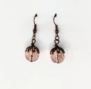New Victorian Style Pink Glass Bead Earring Antique Copper Artisan Handmade - Picture 1 of 3