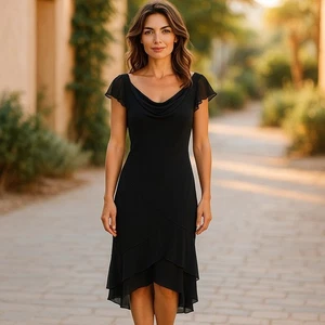 Dressbarn Collection schwarzes transparentes Midikleid Wasserfallausschnitt Rüschenärmel Party Gr. 10 - Bild 1 von 15