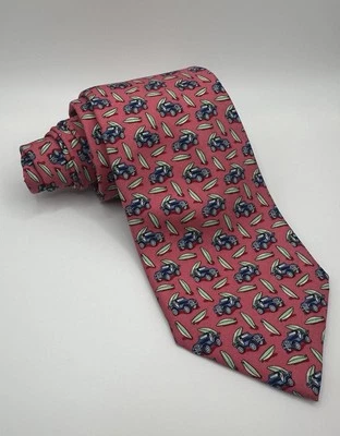 Vineyard Vines Mens Tie 100% Silk Pink with Blue Jeeps and Surf Boards - Image 1 of 2