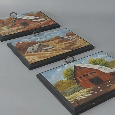Juego de 3 pinturas al óleo rústicas vintage de granero de granja sobre placas de madera firmadas 5x7 Foto 1 de 4