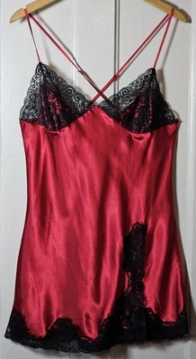 Frederick's of Hollywood Lingerie L Red Satin Slip Dress Black Lace Cross Back - Image 1 of 4