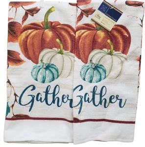 Set of 2 Same Printed Microfiber Kitchen Towels (15"x25") 3 PUMPKINS, GATHER, GR - Picture 1 of 24