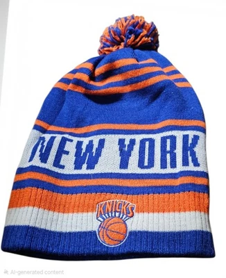 New York Knicks Knit Beanie Hat Cap Long Style Blue,White,Orange W/Pom NBA New - Image 1 of 4