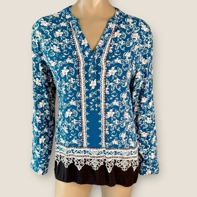 Blusa CATO Manga Larga Popover Top Ligera Talla L Bohemia Floral Cachemira Foto 1 de 4