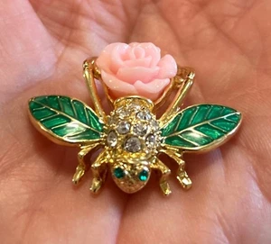 Joan Rivers Limited Edi Pink Gardenia Crystal Enamel Bee/Bug Rare Brooch - Picture 1 of 10