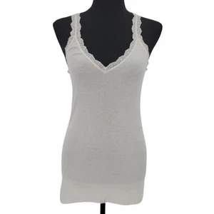 Vintage Y2K Cami-Tanktop mit Spitzenbesatz lang gerippt V-Ausschnitt 90er weiß Fee Grunge Größe S - Bild 1 von 9