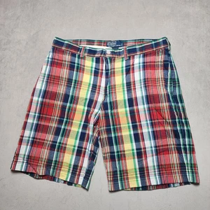 Ralph Lauren Herren Shorts 34 rot Chino Flat Front Zip Madras Streifen Polo **lesen** - Bild 1 von 15