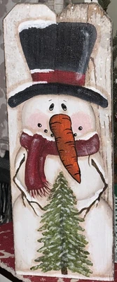 *~* HAND PAINTED SNOWMAN *~* TREE *~* WINTER *~* RECLAIMED WOOD - Image 1 of 2