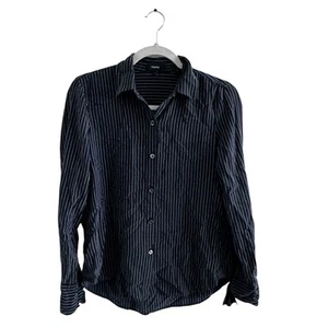 Theory Silk Long Sleeve Button Down Pinstripe Tie Cuff Shirt Blue White Size P - Picture 1 of 5