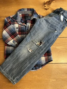 Gap Kids Flannel Lined Jeans Adjustable Waist/Matching Flannel Shirt-Size 5/aj - Picture 1 of 11