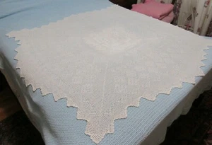 Vintage Hand Crocheted White Tablecloth 54x51 Unusual Shape - Picture 1 of 12