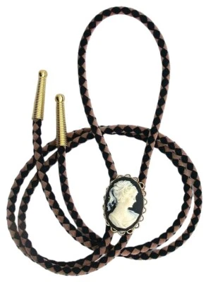 Corbata bolo cabujón camafeo blanco negro resina con cordón y puntas EPBT246/112924 Foto 1 de 2