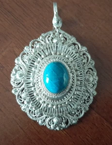 GRAN COLGANTE DE FILAGRANA DE PLATA ASIÁTICA VINTAGE CABUJÓN ÁGATA AZUL #tt - Imagen 1 de 5