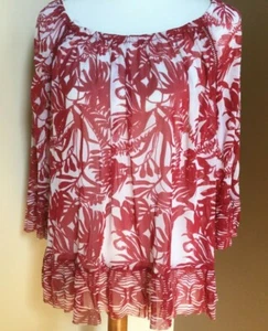 INC Womens Red White Floral Print Sheer Casual Top Blouse Size Large - Picture 1 of 8