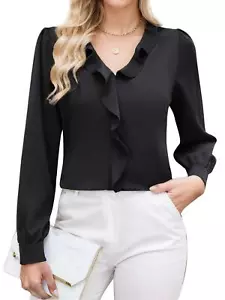 Womens Dressy Casual Blouse Business Long Sleeve Tops Ruffle V Neck Work Shirt - Picture 1 of 13