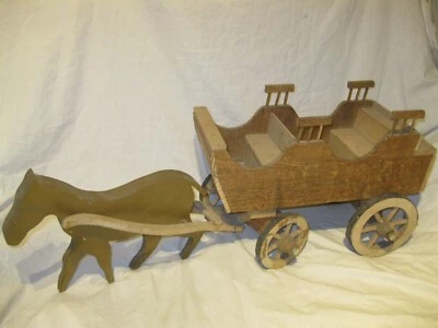 Retro ART POPULAIRE Ancien GROS JOUET 90cm CHARIOT et CHEVAL en BOIS Calèche Jeu - Photo 1/4
