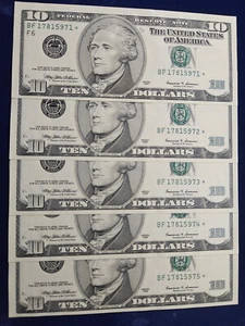 ๐(5) $10 1999 *BF* Star Federal Reserve Notes Sequential Serial #s UNC - Picture 1 of 2