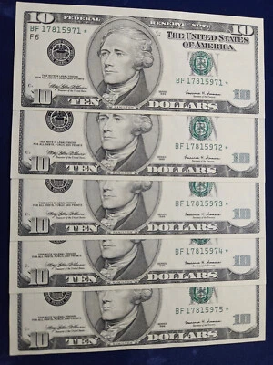 🌟(5) $10 1999 *BF* Star Federal Reserve Notes Sequential Serial #s UNC - Image 1 of 2
