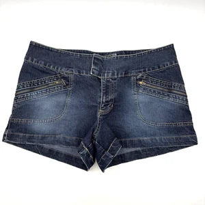Vintage 90s Xhilaration Dark Wash Mid Rise Zip Pocket Denim Shorts Jr 15 33x3" - Picture 1 of 13